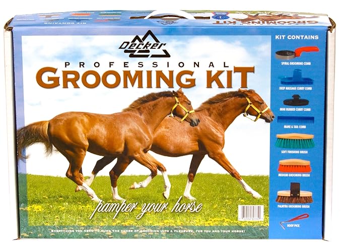 Decker GS2000 Essential Horse Grooming Kit – 8-Piece Grip-Fit Brush, Curry Comb, Mane Comb & Hoof Pick Set