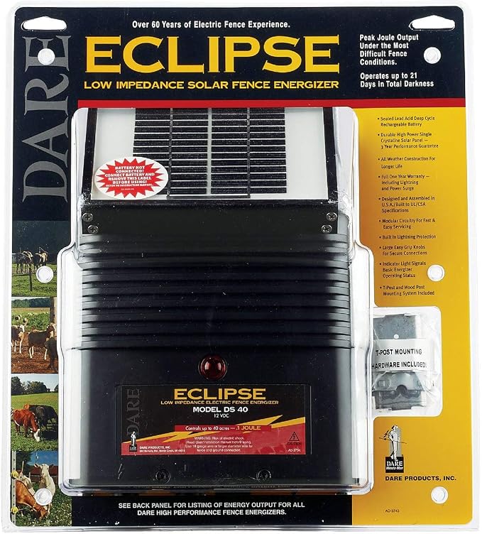 Dare Eclipse DS40 12V Solar Electric Fence Energizer – 40 Acre Low-Impedance Livestock Fence Charger