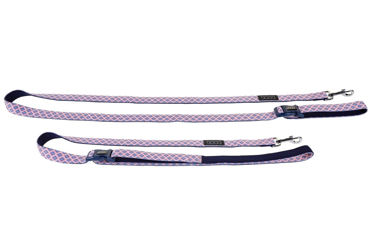DOOG Gromit Clip-It Neoprene Dog Leash, 6 ft, White with Red & Blue Diamonds, Adjustable Hands-Free Lead