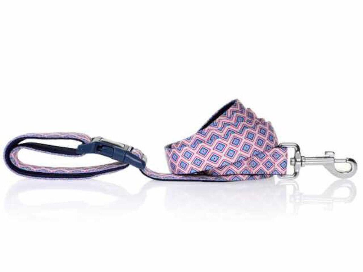 DOOG Gromit Clip-It Neoprene Dog Leash, 6 ft, White with Red & Blue Diamonds, Adjustable Hands-Free Lead