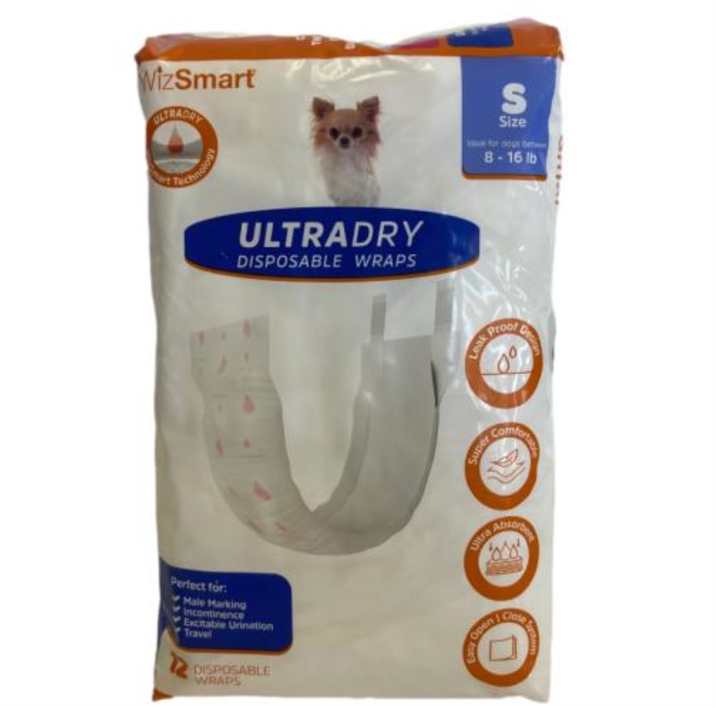 WizSmart UltraDry Disposable Male Dog Wraps – Small, 12 Count