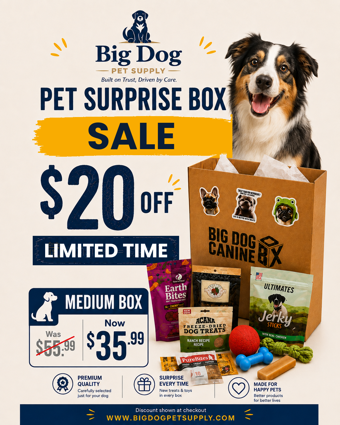 Big Dog Canine Box for Medium Dogs – New Surprise of Premium Treats & Toys Every Time You Order