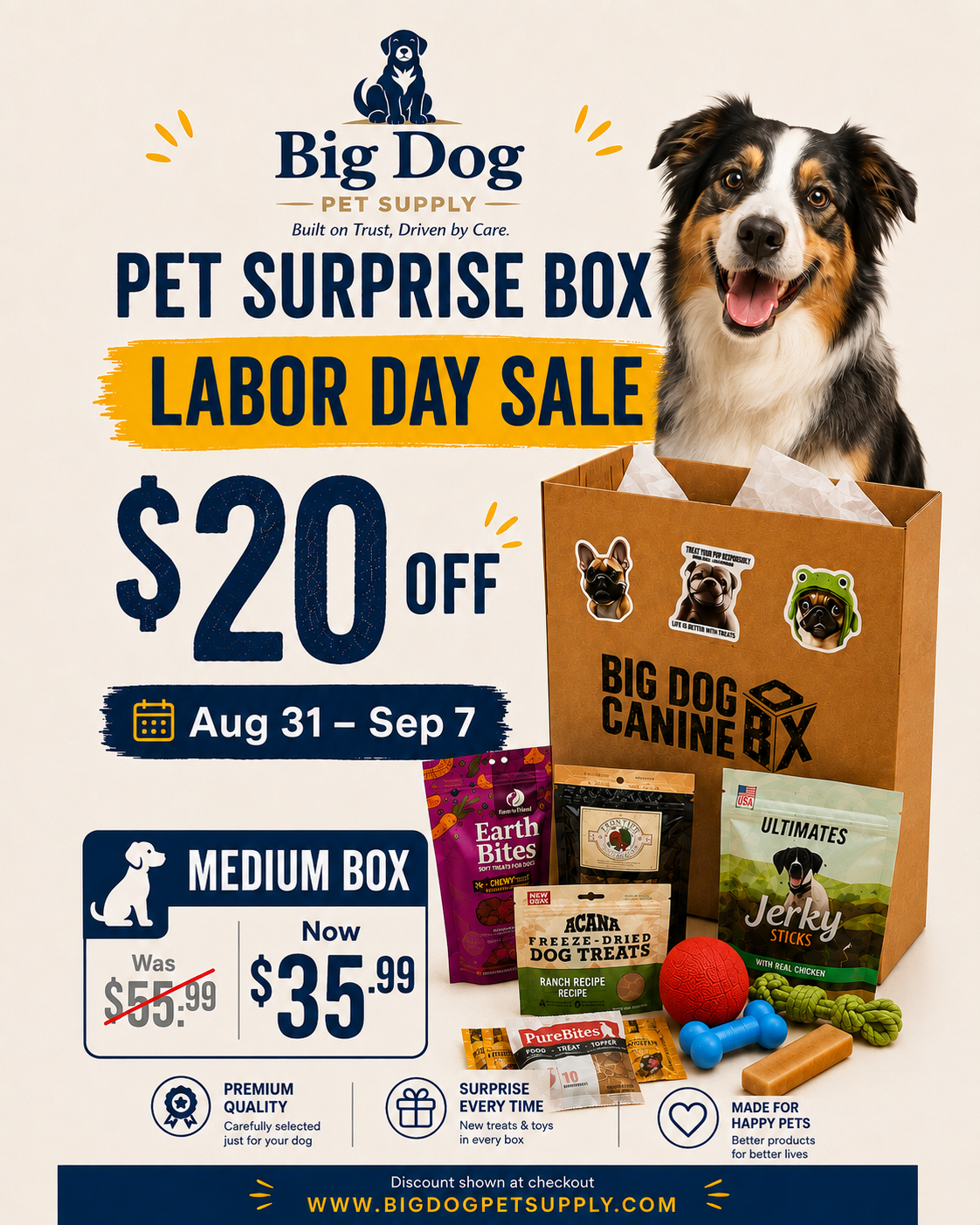 Big Dog Canine Box for Medium Dogs – New Surprise of Premium Treats & Toys Every Time You Order