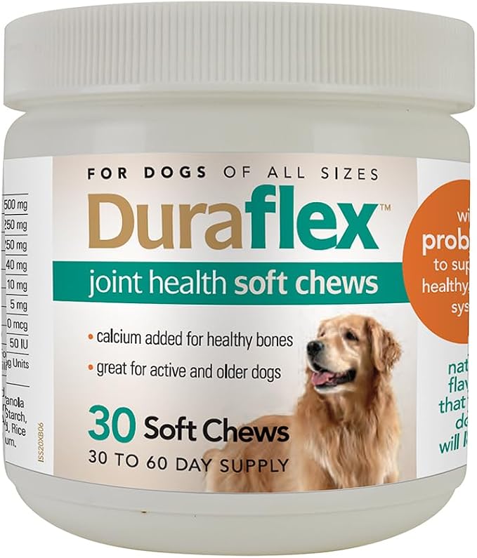 Durvet DuraFlex Joint Health Soft Chews for Dogs – Glucosamine, Chondroitin, MSM & Probiotics, 30 Count