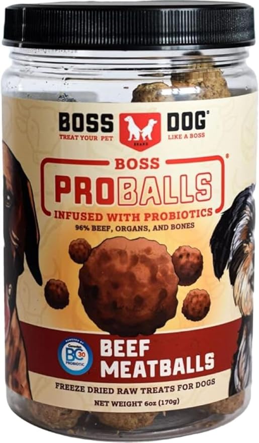 Boss Proballs Freeze Dried Raw Meatball Treat for Dogs- Boss Dog Brand Beef 12/6oz Jar