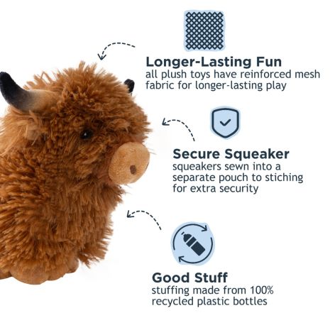 Tall Tails Highland Cow Plush Squeaker Dog Toy – Reinforced Mesh, Recycled Stuffing, 8 Inch