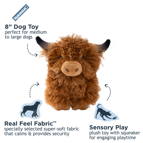 Tall Tails Highland Cow Plush Squeaker Dog Toy – Reinforced Mesh, Recycled Stuffing, 8 Inch