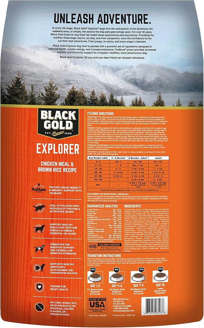  Black Gold Explorer Dry Dog Food for Adult Dogs, Chicken Meal & Brown Rice Recipe, 40 lb Bag