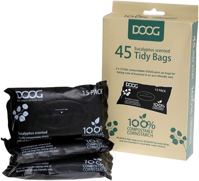 DOOG Compostable Dog Poop Bags, 45 Count, Eucalyptus Scented, 100% Cornstarch, Black Bags with Handles