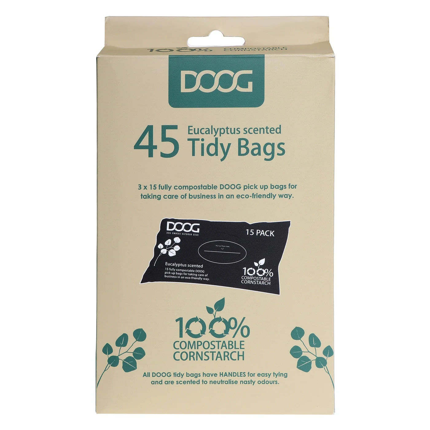 DOOG Compostable Dog Poop Bags, 45 Count, Eucalyptus Scented, 100% Cornstarch, Black Bags with Handles