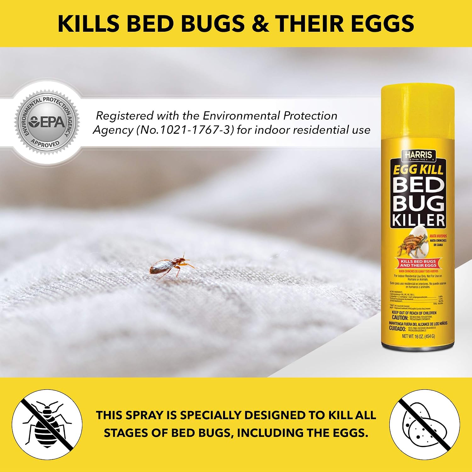 Harris Egg Kill Bed Bug Killer 16 oz Aerosol Spray – Kills Bed Bugs & Eggs, Indoor Treatment