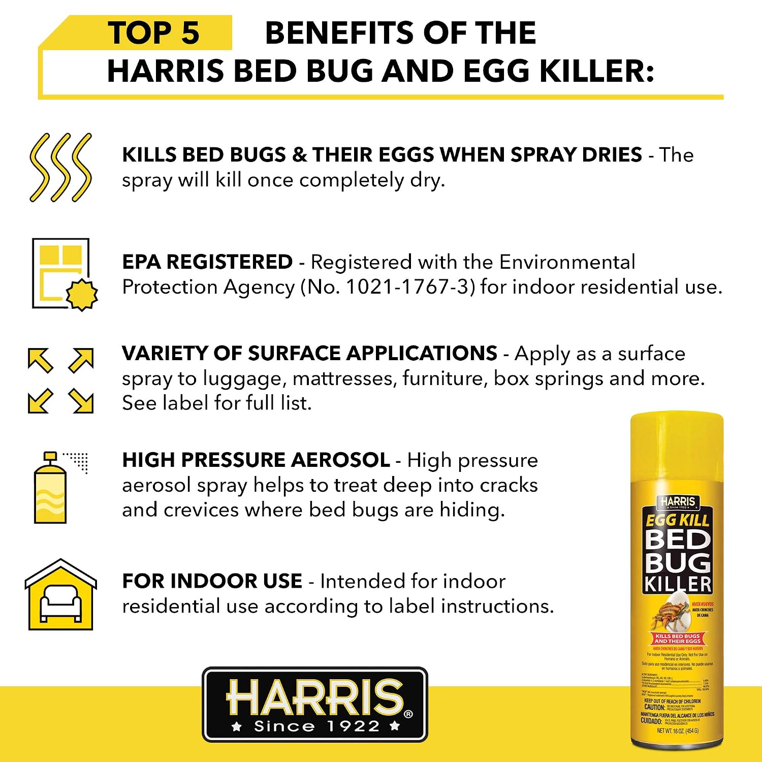 Harris Egg Kill Bed Bug Killer 16 oz Aerosol Spray – Kills Bed Bugs & Eggs, Indoor Treatment
