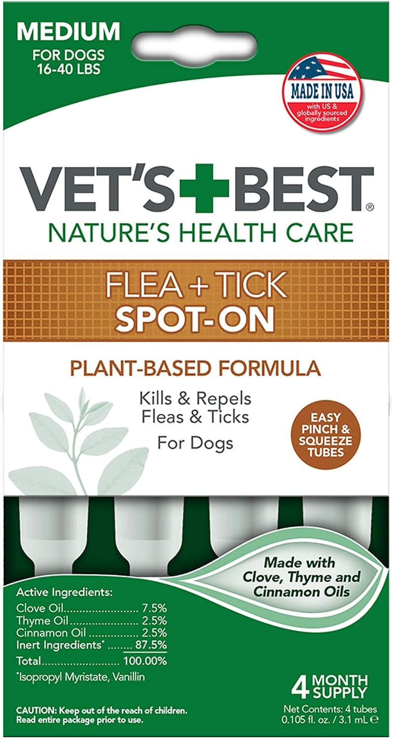 Vet's Best Topical Flea & Tick Treatment for Dogs 16-40lbs, 4 Month Supply