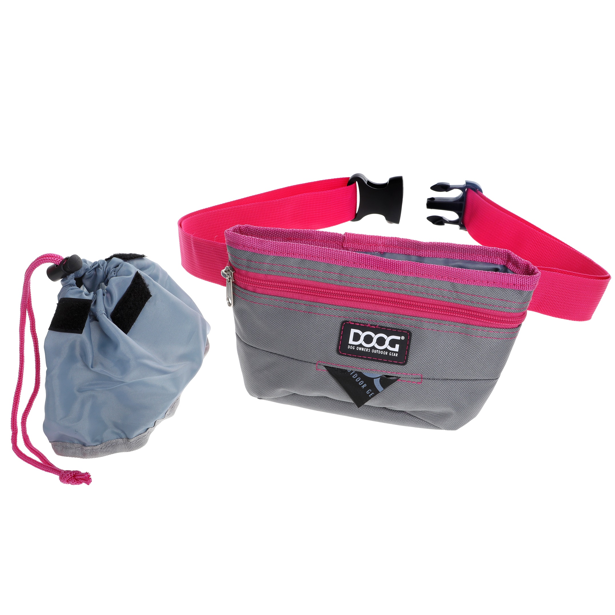 DOOG Good Dog Treat & Training Pouch, Grey & Pink, Large, Dog Treat Bag with Waste Bag Holder