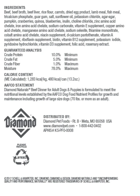 Diamond Naturals Beef Dinner Wet Dog Food for Adult Dogs & Puppies – 13.2 oz Cans, Case of 12  Brand: Diamond Naturals