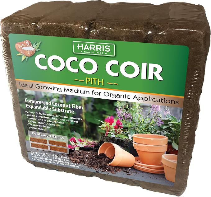 Harris Coco Coir Coconut Fiber Potting Mix – 4 Compressed Bricks, Expands to 36 Qt, Indoor & Outdoor Growing