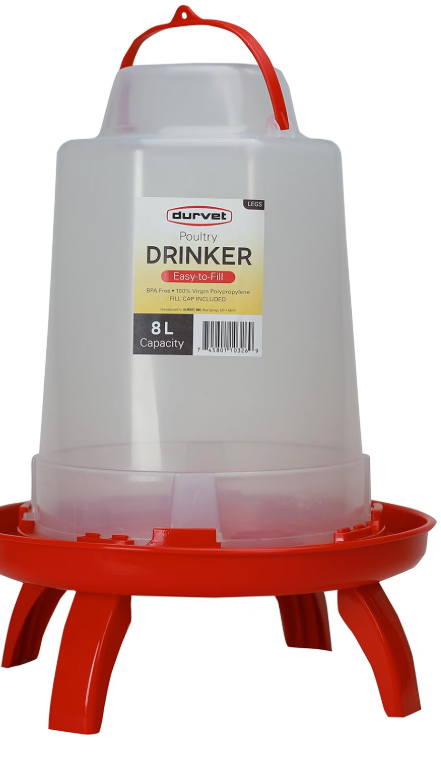 Durvet Poultry Drinker 8 Liter Chicken Waterer with Legs & Red Base