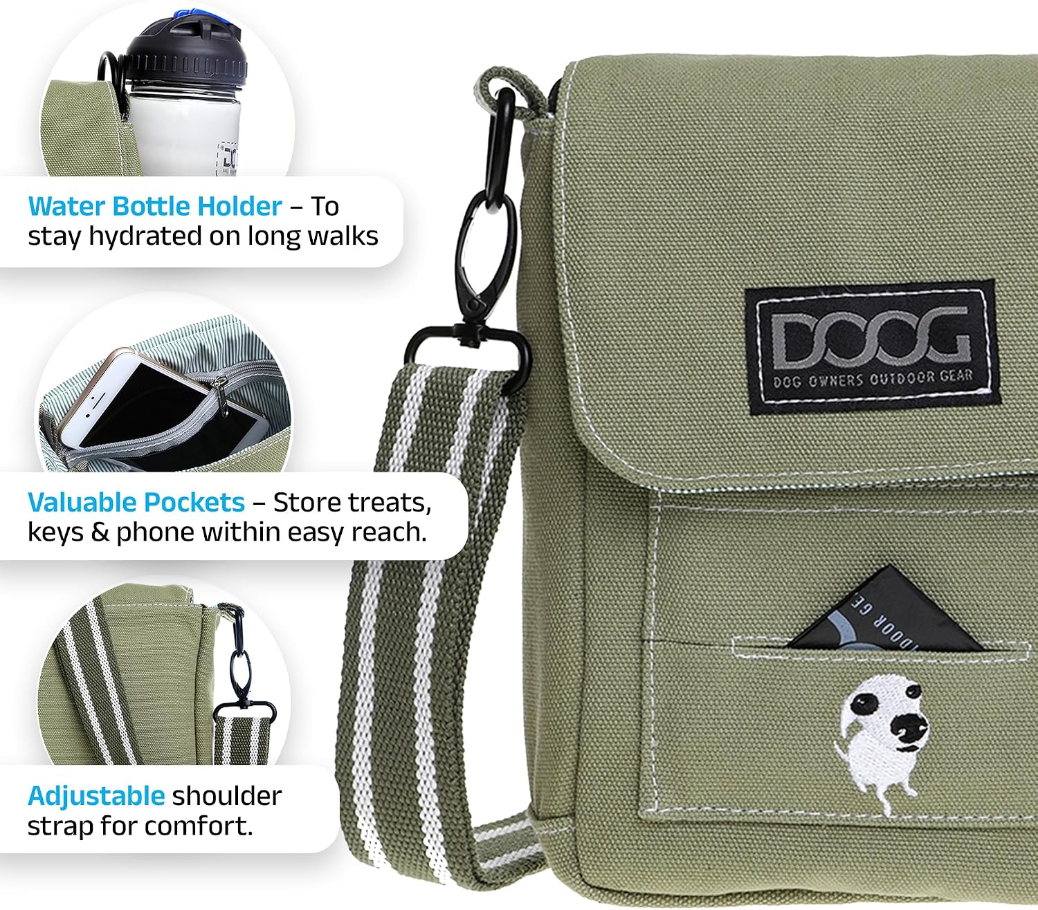 DOOG Walkie Shoulder Bag, Green, Crossbody Dog Walking Bag with Phone Pocket & Waste Bag Holder
