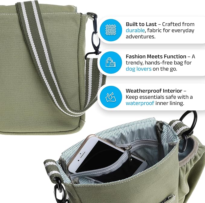 DOOG Walkie Shoulder Bag, Green, Crossbody Dog Walking Bag with Phone Pocket & Waste Bag Holder