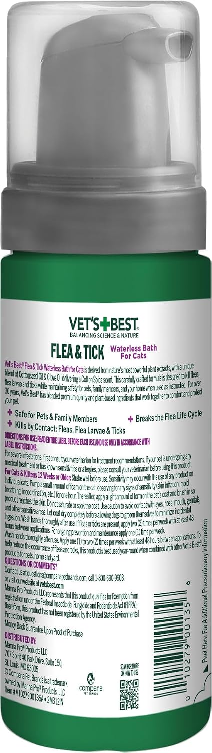 Vet's Best Waterless Flea & Tick Bath for Cats, Plant-Based, 5 oz