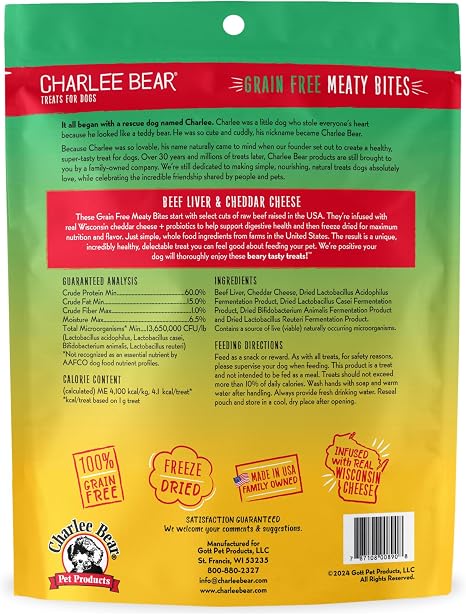 Charlee Bear Meaty Bites Beef Liver & Cheddar Cheese 2.25 oz – Grain-Free Freeze-Dried Dog Treats