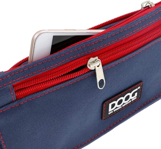 DOOG Walkie Dog Belt, Navy & Red, Hands-Free Adjustable Dog Walking Waist Belt with Treat & Waste Bag Pockets