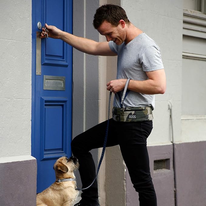 DOOG Walkie Dog Belt, Navy & Red, Hands-Free Adjustable Dog Walking Waist Belt with Treat & Waste Bag Pockets