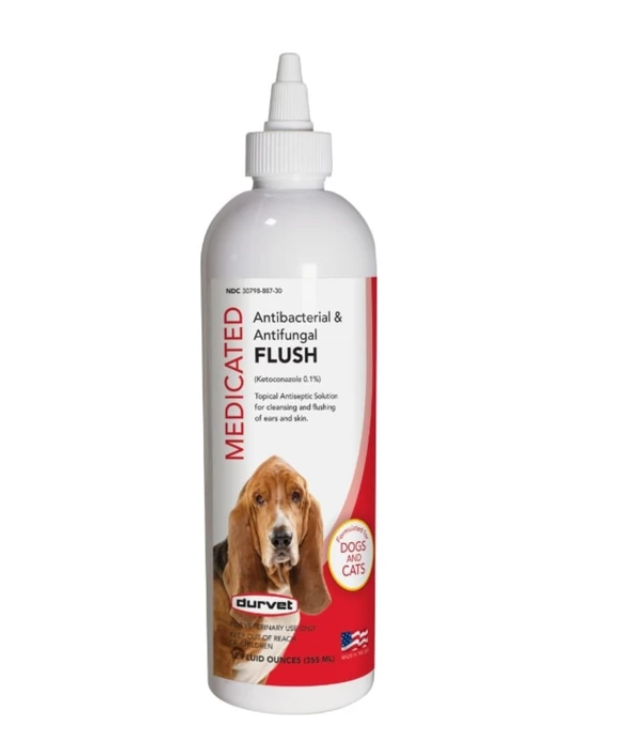 Durvet Medicated Antibacterial & Antifungal Flush for Dogs & Cats – Ketoconazole 0.1% Ear & Skin Antiseptic Solution, 12 oz