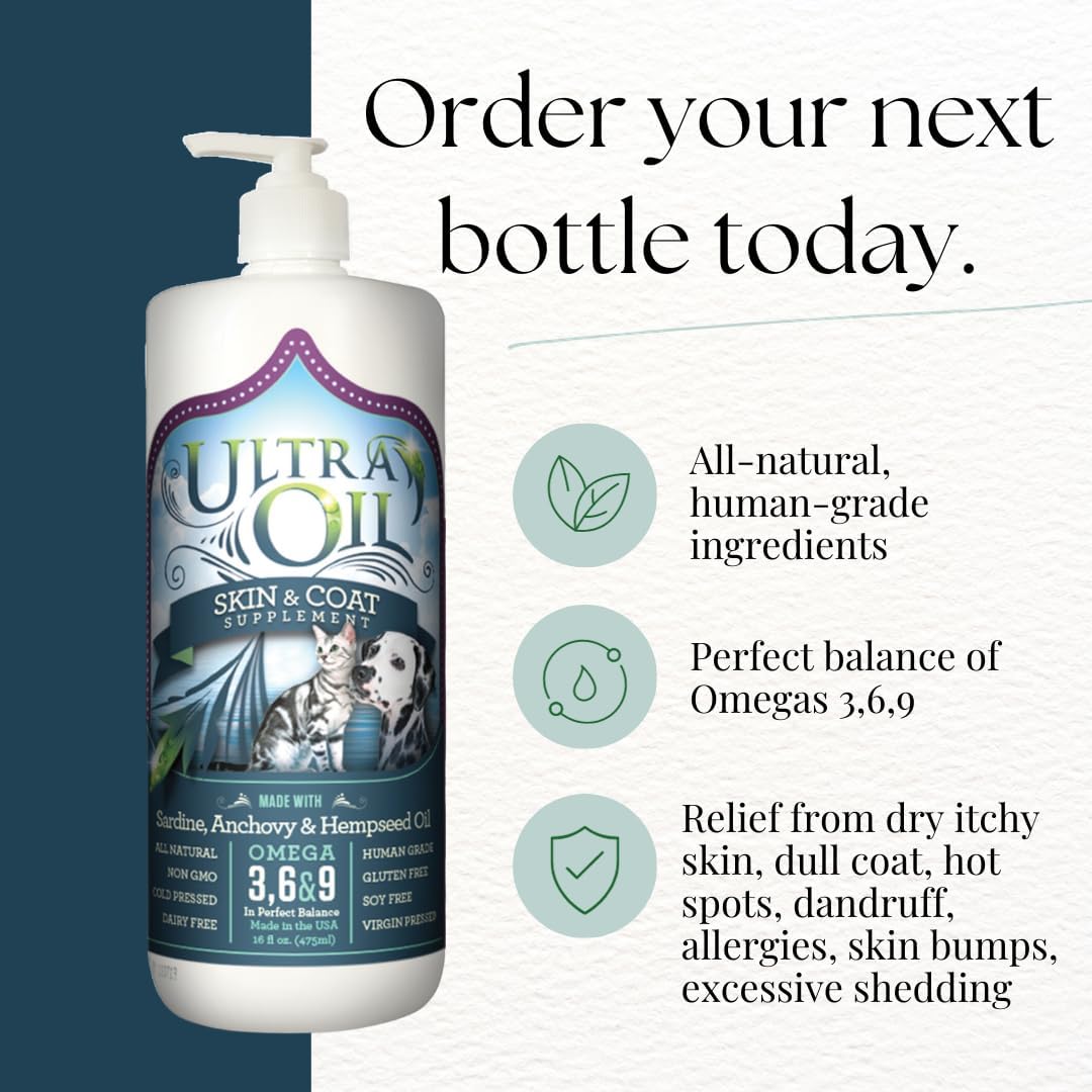 Ultra Oil Skin & Coat Supplement for Dogs & Cats – Omega 3, 6 & 9 Hempseed, Flaxseed & Fish Oil
