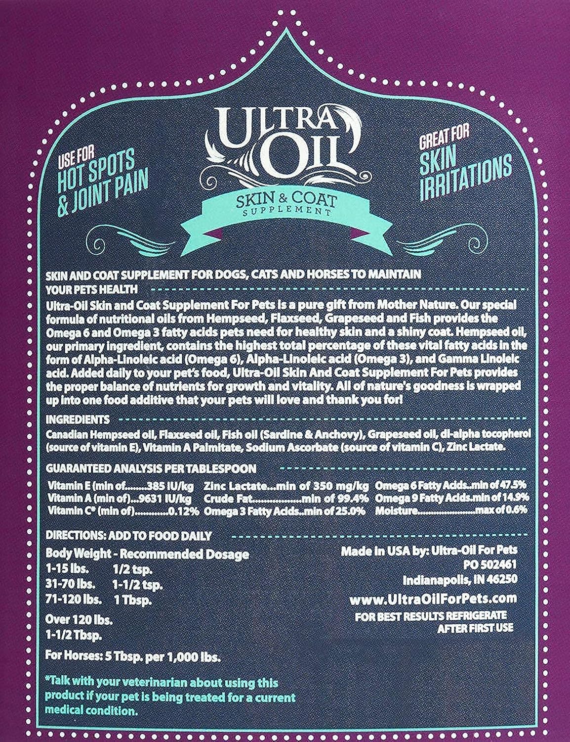 Ultra Oil Skin & Coat Supplement for Dogs & Cats – Omega 3, 6 & 9 Hempseed, Flaxseed & Fish Oil