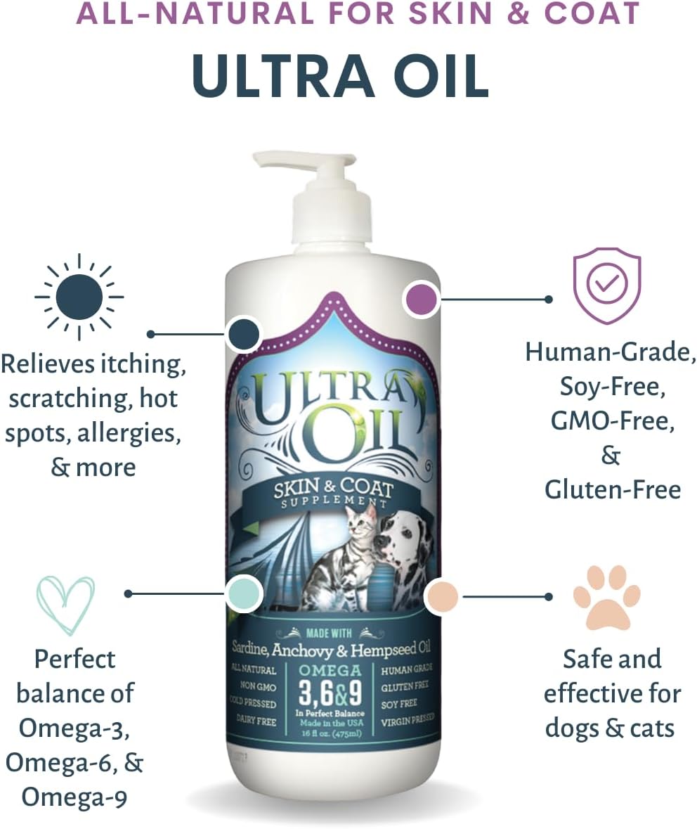 Ultra Oil Skin & Coat Supplement for Dogs & Cats – Omega 3, 6 & 9 Hempseed, Flaxseed & Fish Oil