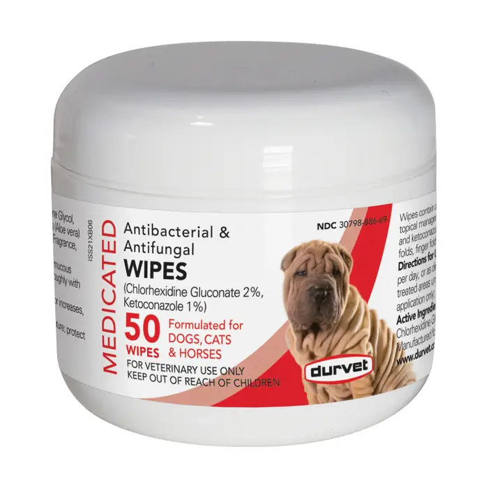 Durvet Medicated Antibacterial & Antifungal Wipes for Dogs, Cats & Horses – 2% Chlorhexidine & 1% Ketoconazole, 50 Count