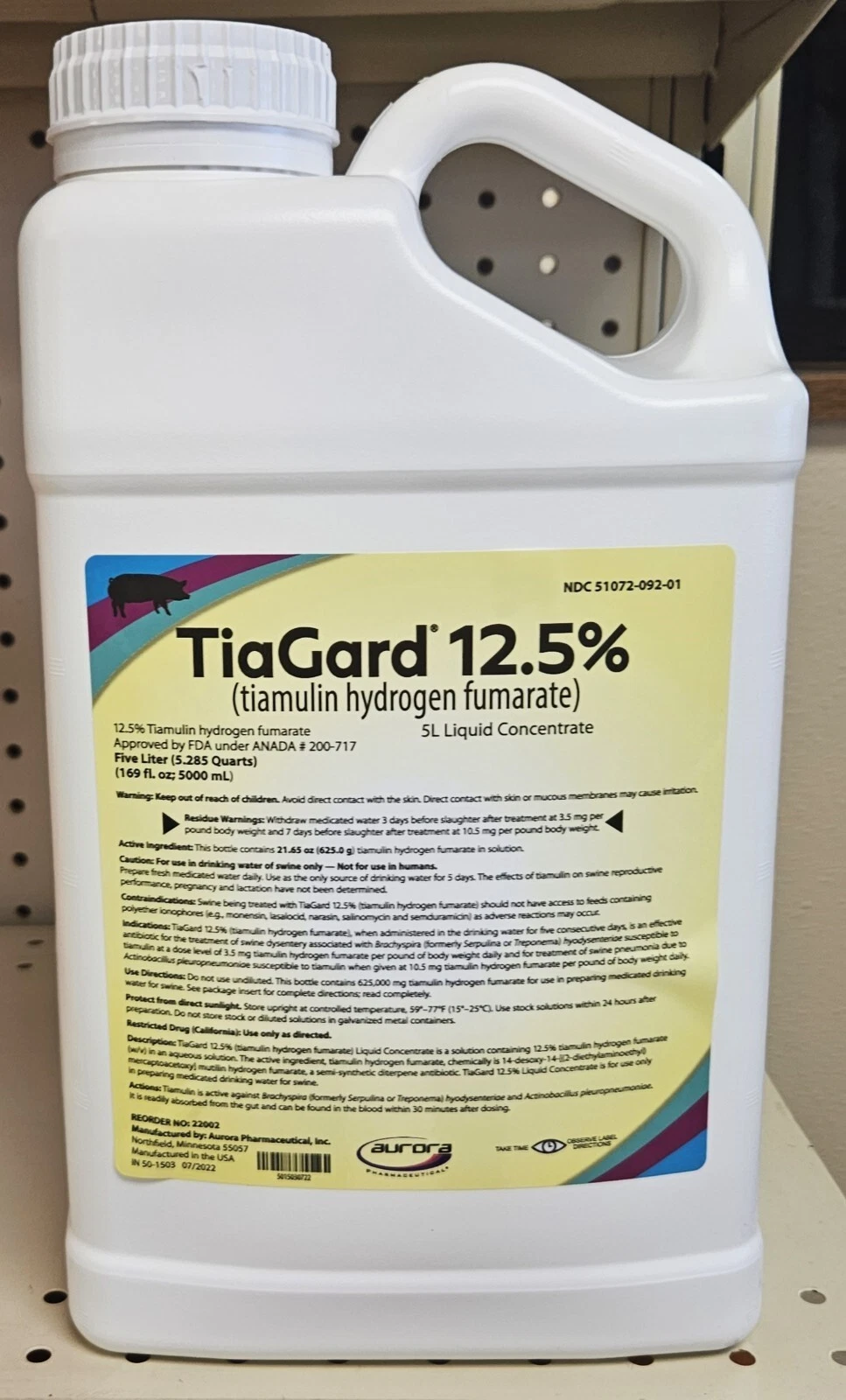 TiaGard 12.5% Tiamulin Hydrogen Fumarate Liquid Concentrate for Swine – 5 Liter (5000 mL)
