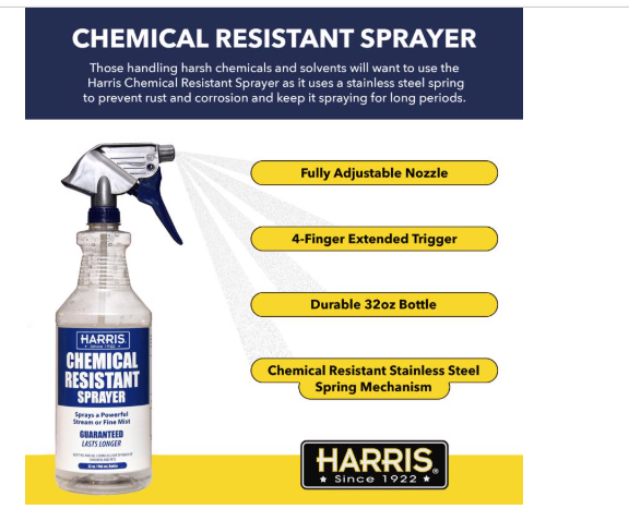 Harris Chemical Resistant Spray Bottle 32 oz – Heavy Duty Professional Trigger Sprayer with Adjustable Nozzle