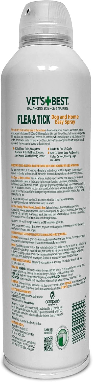 Vet’s Best Flea & Tick Easy Spray for Dogs – Plant-Based Flea, Tick & Mosquito Spray, Cotton Spice, 14 oz