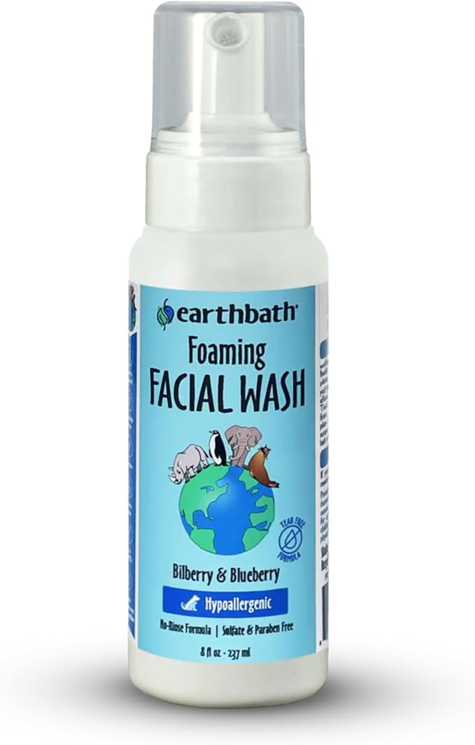 Earthbath Bilberry & Blueberry Foaming Facial Wash for Dogs & Cats – Tear-Free No-Rinse Face & Tear Stain Cleaner, 8 oz