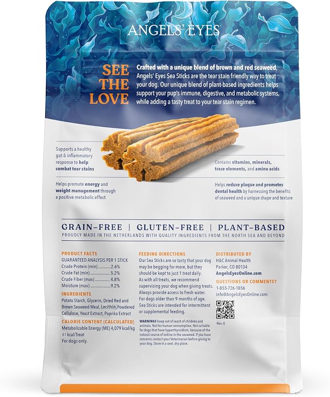Angels' Eyes Sea Sticks Tear Stain Friendly Dog Treats | Red & Brown Seaweed Superfood | Small 24 Count | Grain-Free, Gluten-Free, Plant-Based Daily Chews | Gut, Metabolic & Coat Support