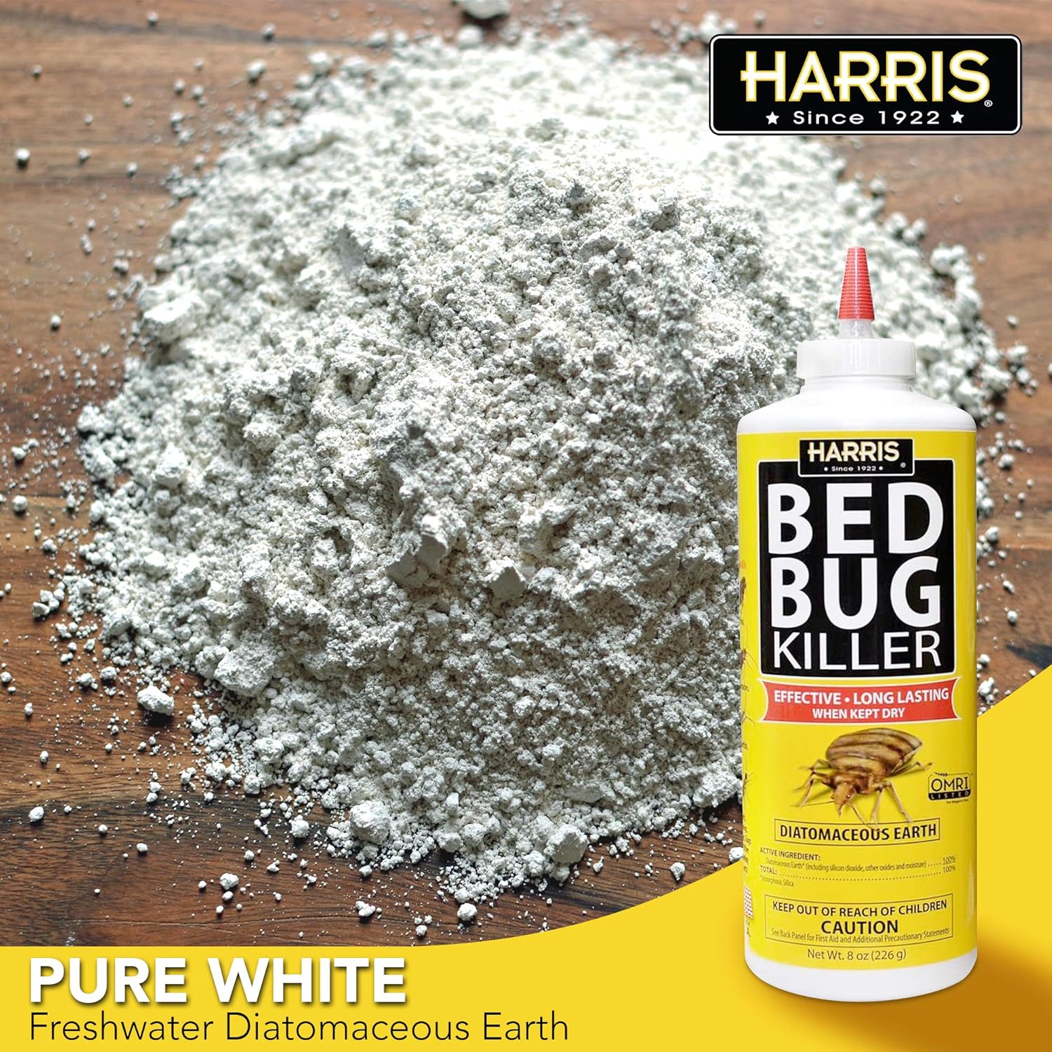 Harris HDE-8 Bed Bug Killer Diatomaceous Earth Powder – Crawling Insect Control with Puffer Applicator, 8 oz