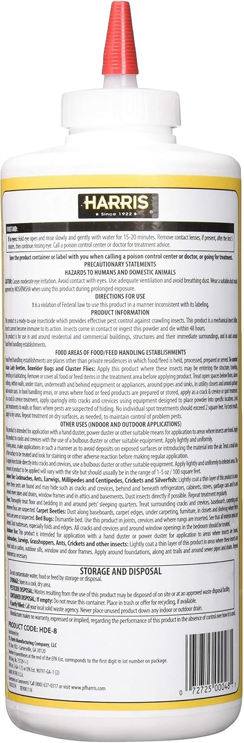 Harris HDE-8 Bed Bug Killer Diatomaceous Earth Powder – Crawling Insect Control with Puffer Applicator, 8 oz
