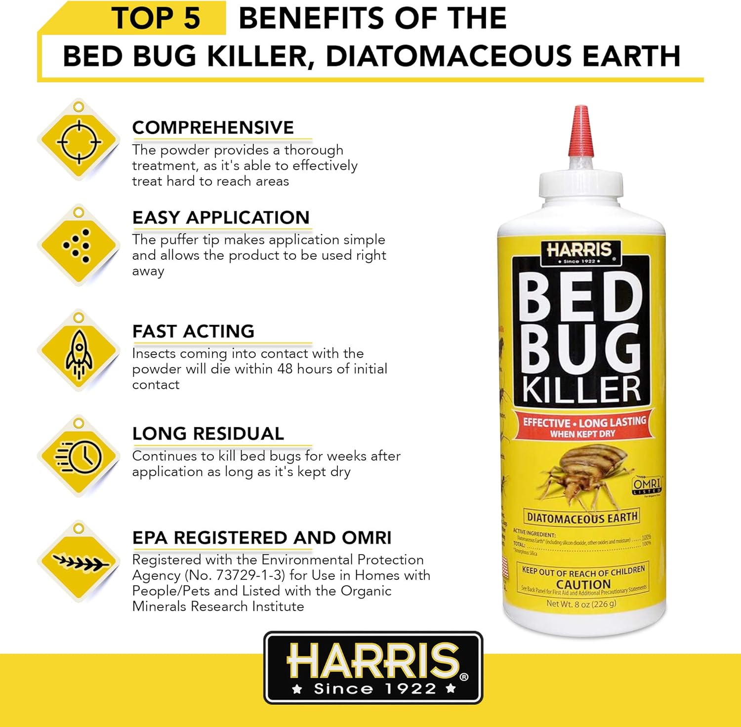Harris HDE-8 Bed Bug Killer Diatomaceous Earth Powder – Crawling Insect Control with Puffer Applicator, 8 oz
