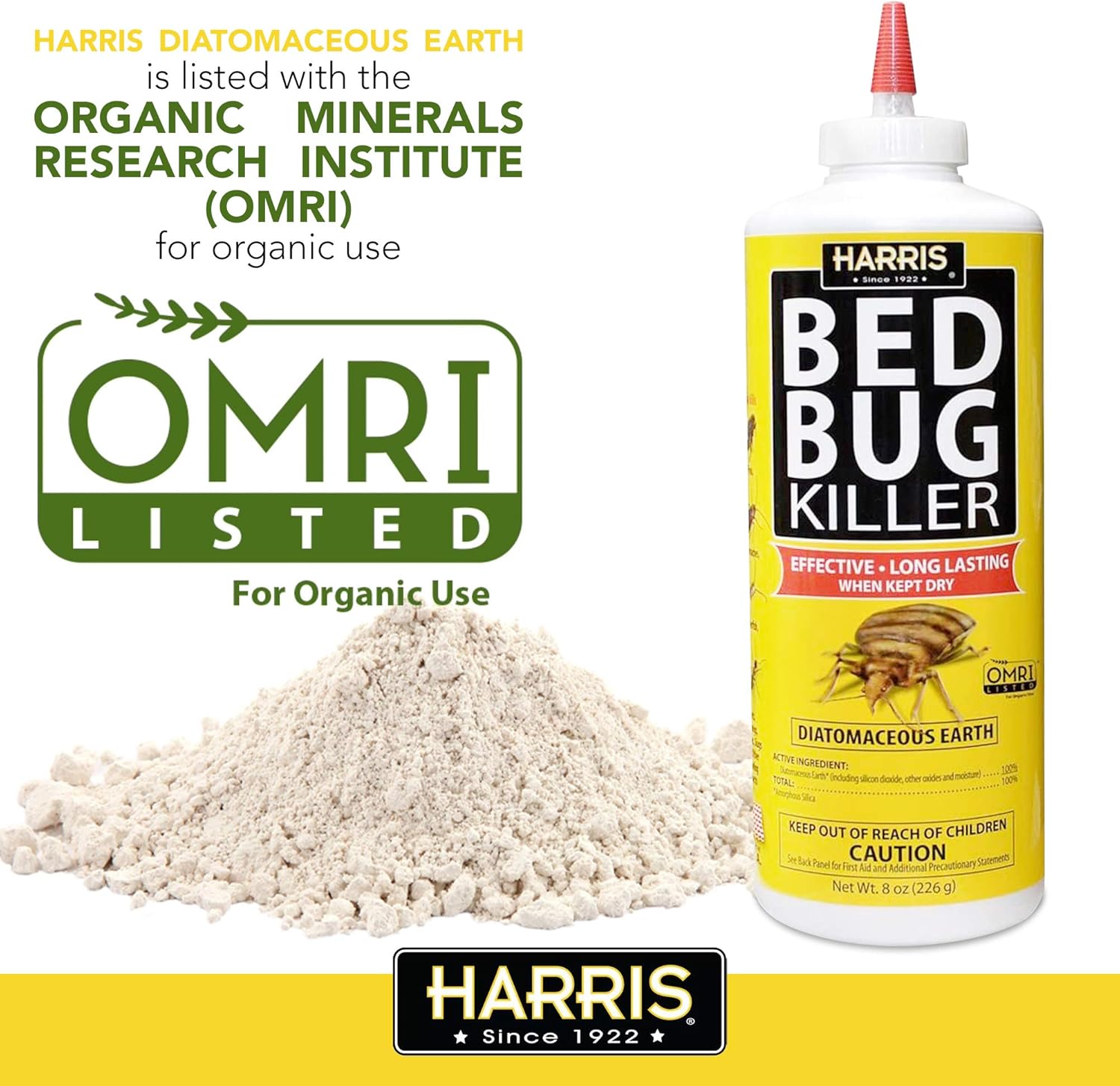 Harris HDE-8 Bed Bug Killer Diatomaceous Earth Powder – Crawling Insect Control with Puffer Applicator, 8 oz