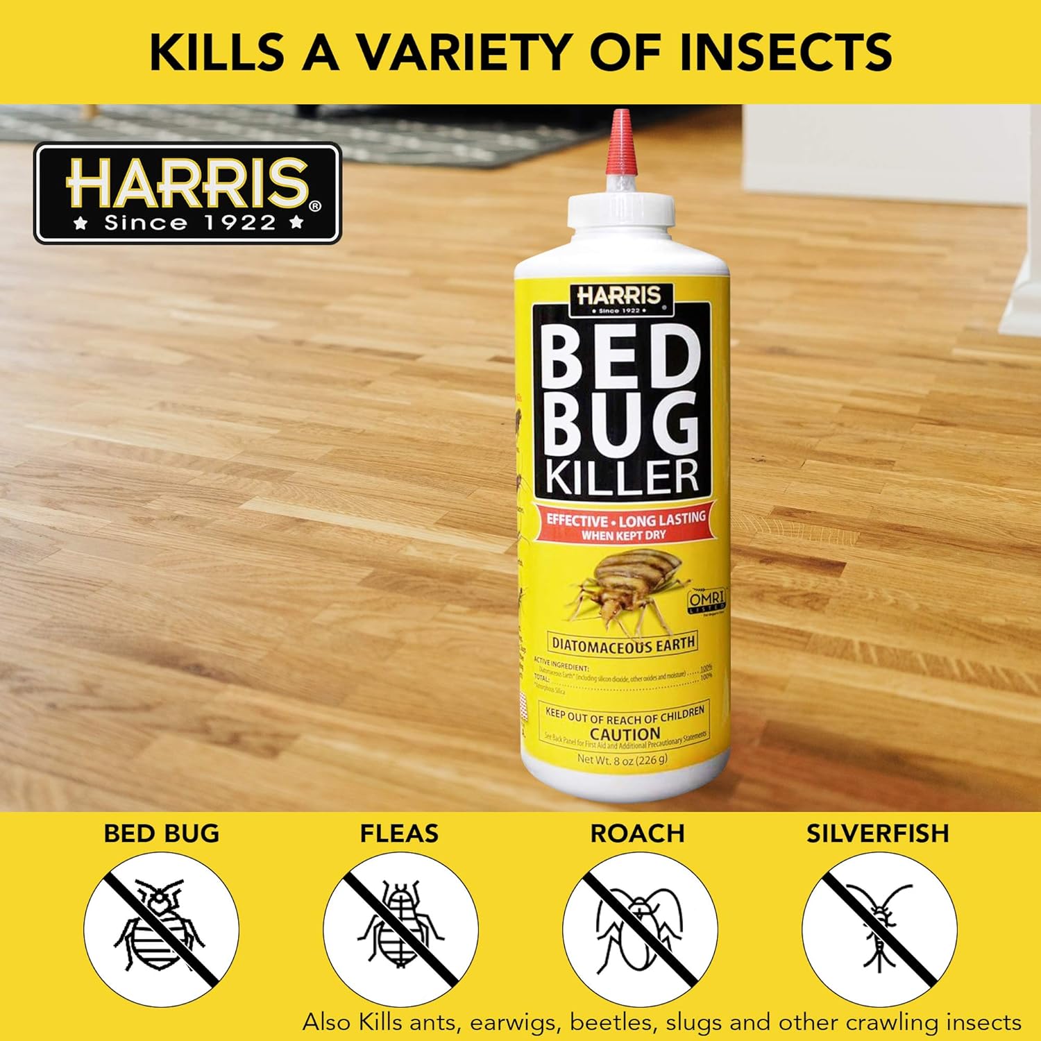 Harris HDE-8 Bed Bug Killer Diatomaceous Earth Powder – Crawling Insect Control with Puffer Applicator, 8 oz