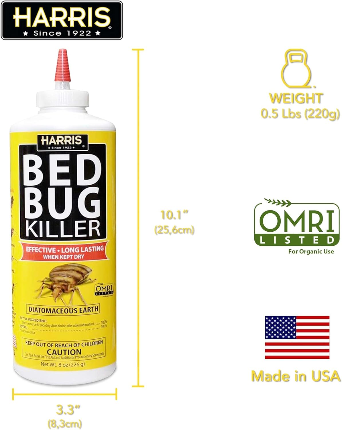Harris HDE-8 Bed Bug Killer Diatomaceous Earth Powder – Crawling Insect Control with Puffer Applicator, 8 oz