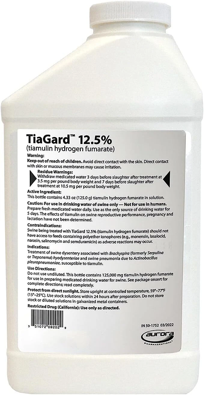Aurora TiaGard 12.5% Tiamulin Hydrogen Fumarate Liquid Concentrate for Swine – 1000 mL / 1 Liter