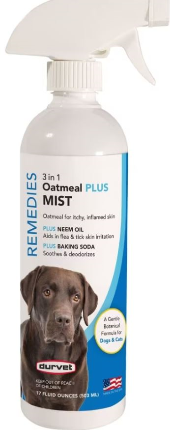 Durvet Remedies 3-in-1 Oatmeal Plus Mist for Dogs & Cats – Itch Relief, Neem Oil & Baking Soda, 17 oz