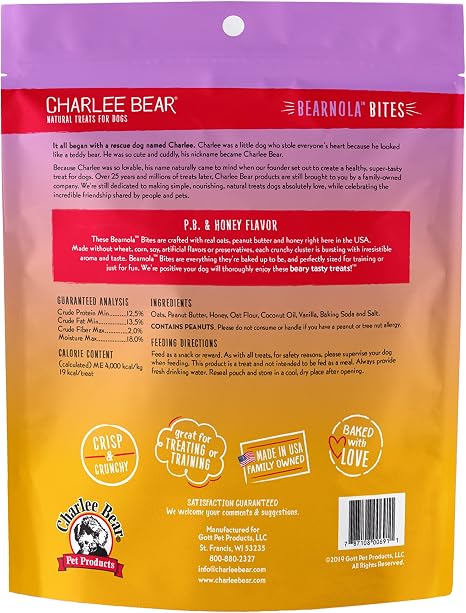 Charlee Bear Bearnola Bites Crunchy Dog Treats, Peanut Butter & Honey, 8 oz