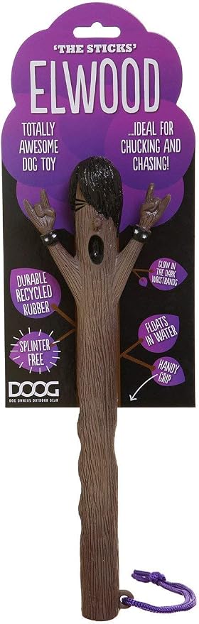 DOOG Elwood Stick Dog Fetch Toy, 13 Inch, Recycled Rubber, Floating Stick with Rope, Splinter-Free