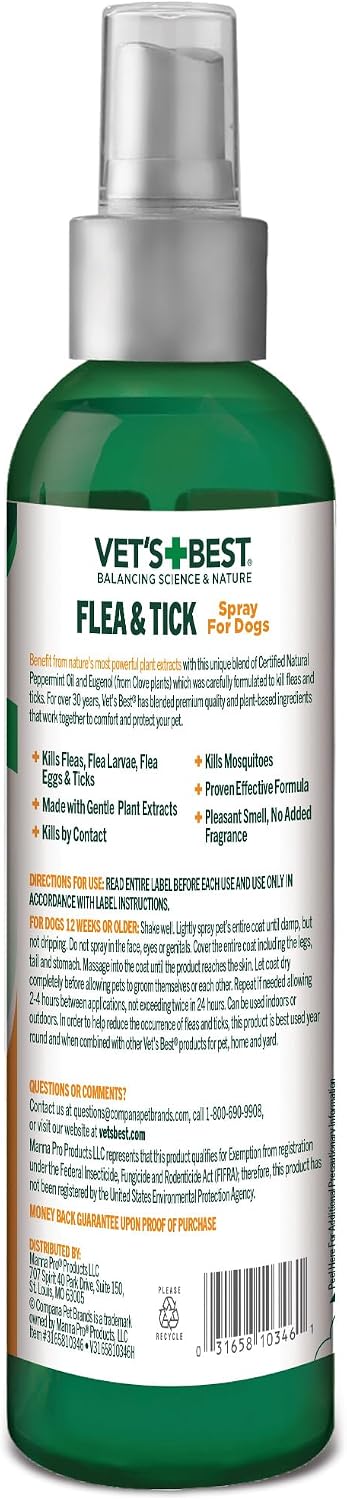 Vet's Best Flea & Tick Spray for Dogs, Plant-Based Spray, Pest Control, 8oz
