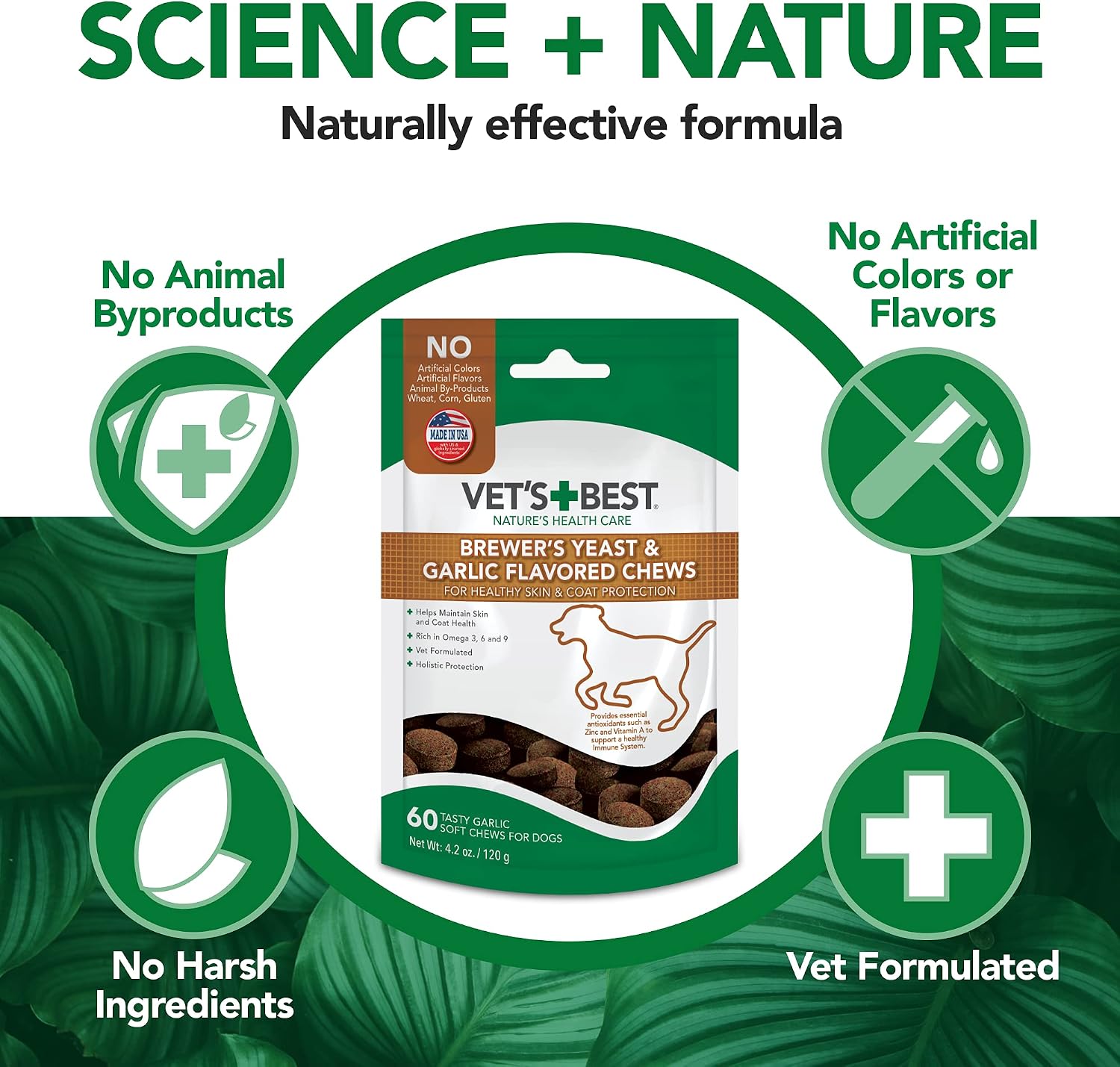 Vet’s Best Brewer’s Yeast & Garlic Chews for Dogs – Omega 3, 6 & 9 Skin & Coat Supplement, 60 Count