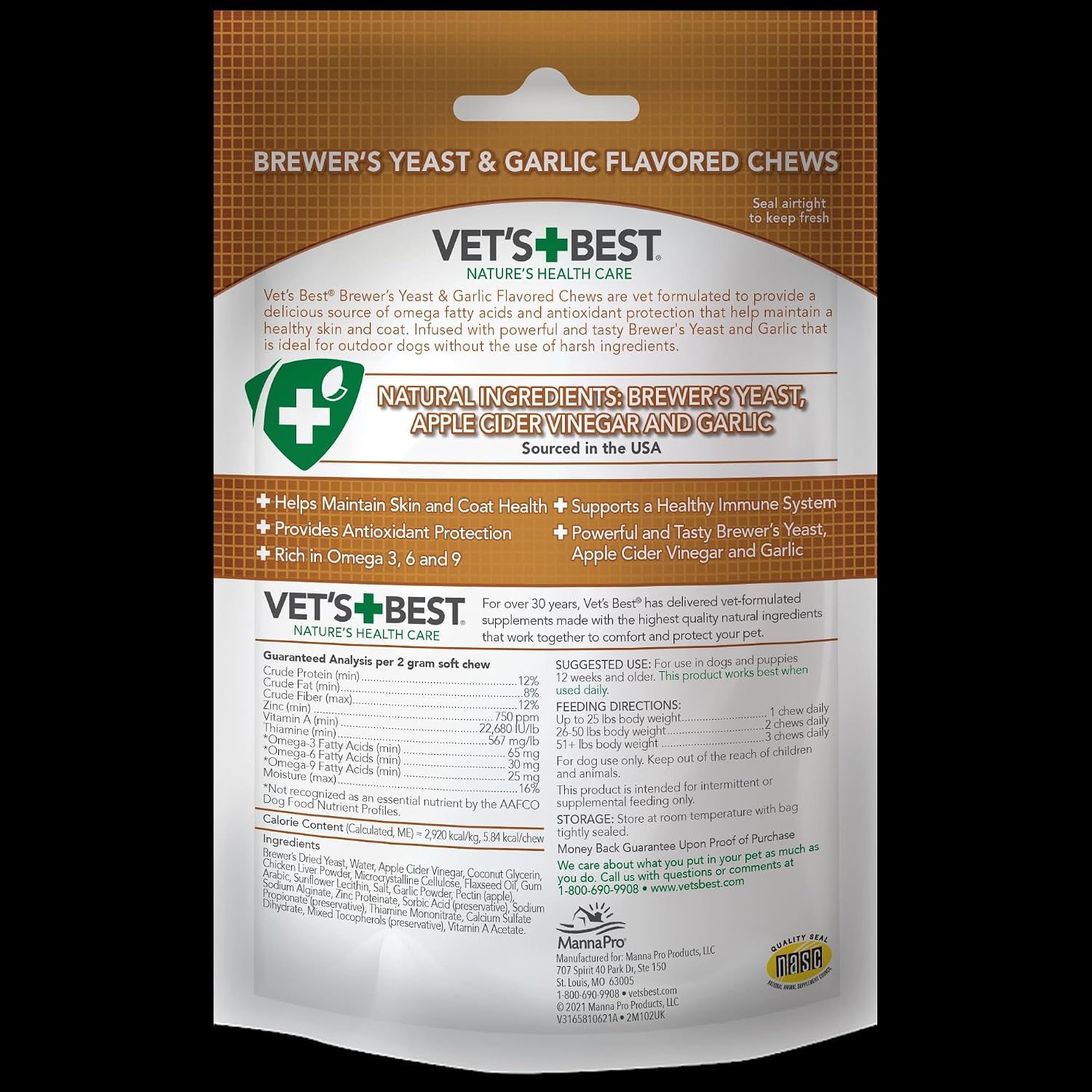 Vet’s Best Brewer’s Yeast & Garlic Chews for Dogs – Omega 3, 6 & 9 Skin & Coat Supplement, 60 Count